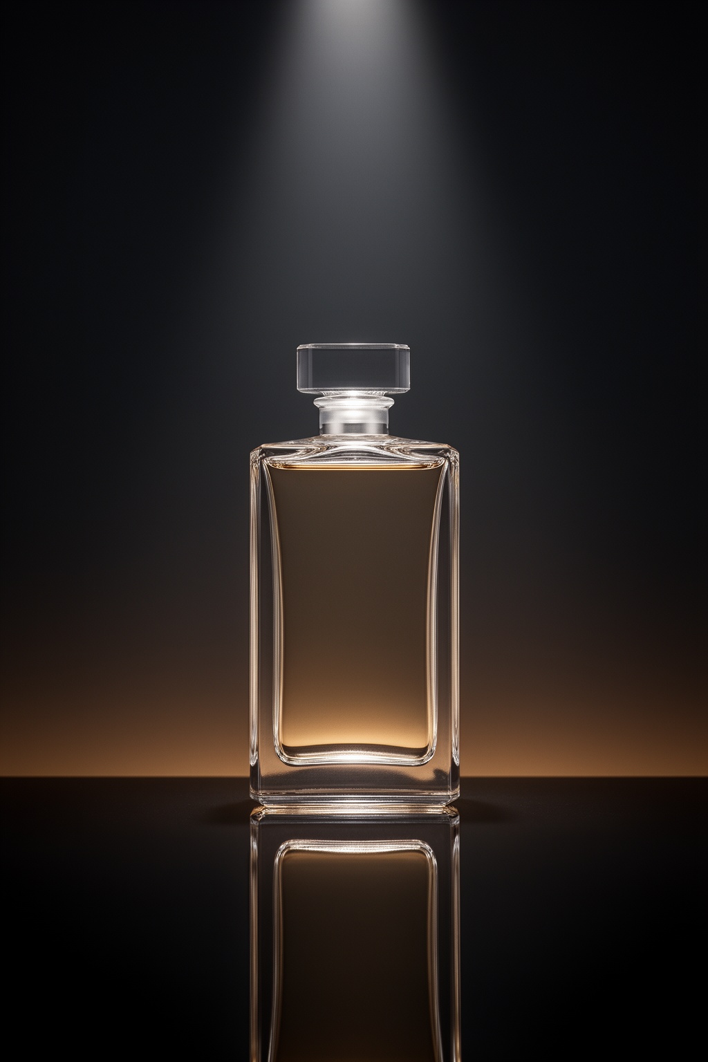 Clear crystal perfume bottle on dark background